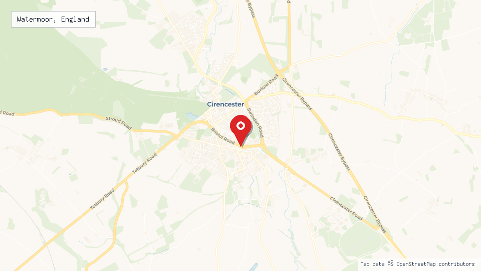 Street map of Watermoor, England with location pin