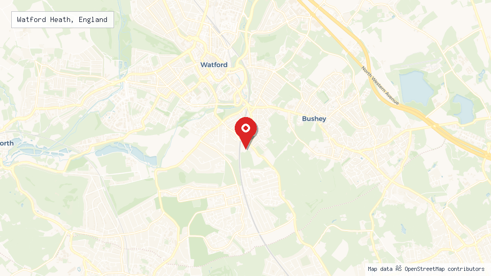Street map of Watford Heath, England with location pin