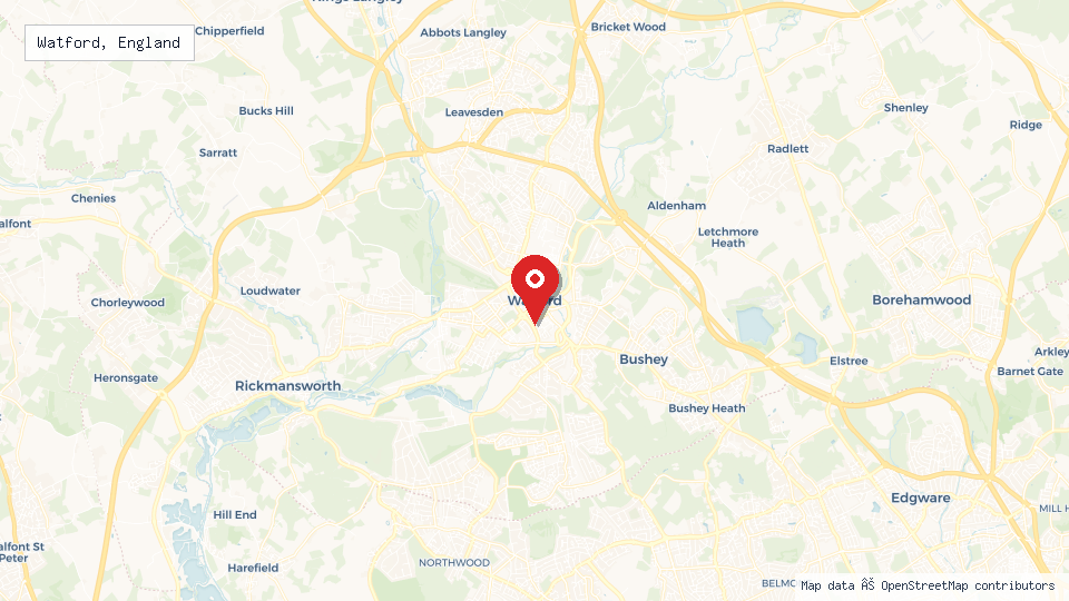 Street map of Watford, England with location pin