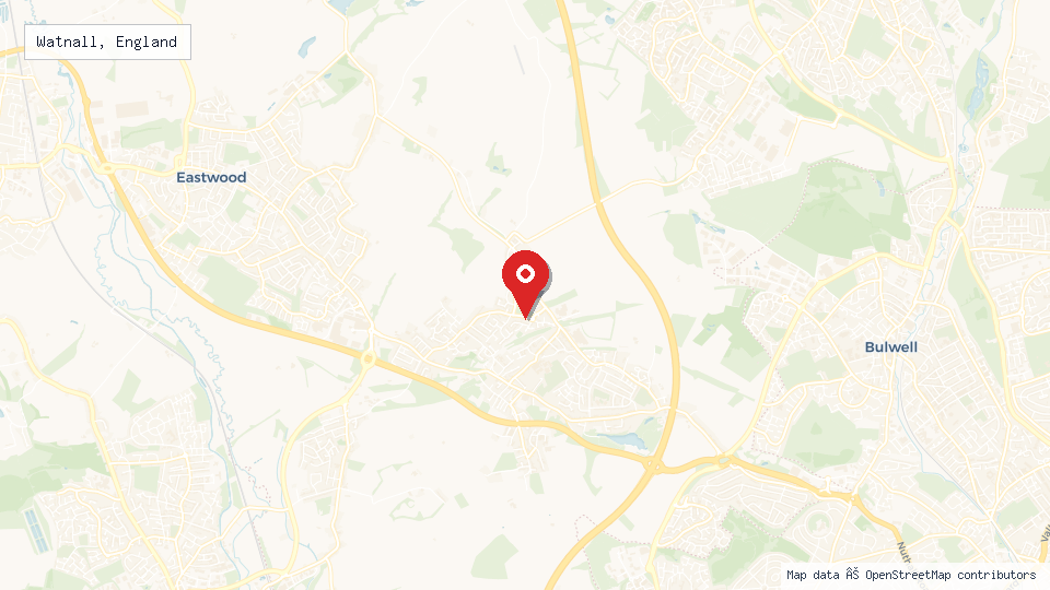 Street map of Watnall, England with location pin