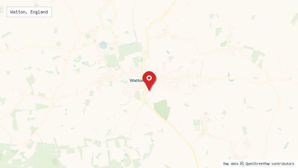 Street map of Watton, England with location pin