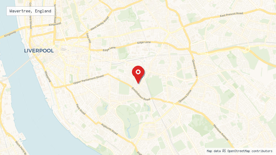 Street map of Wavertree, England with location pin