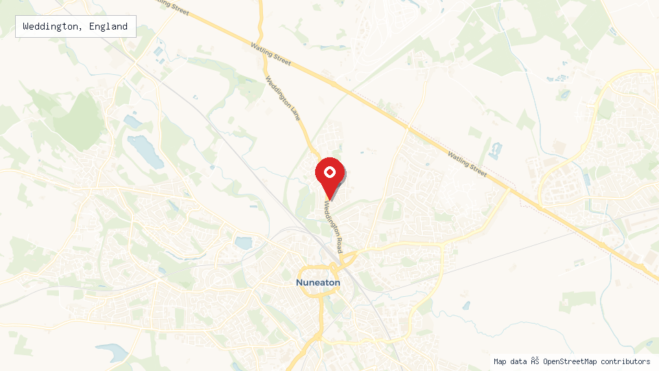 Street map of Weddington, England with location pin
