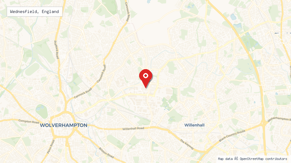 Street map of Wednesfield, England with location pin