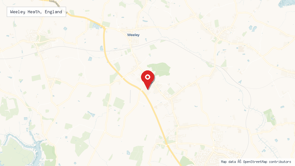 Street map of Weeley Heath, England with location pin
