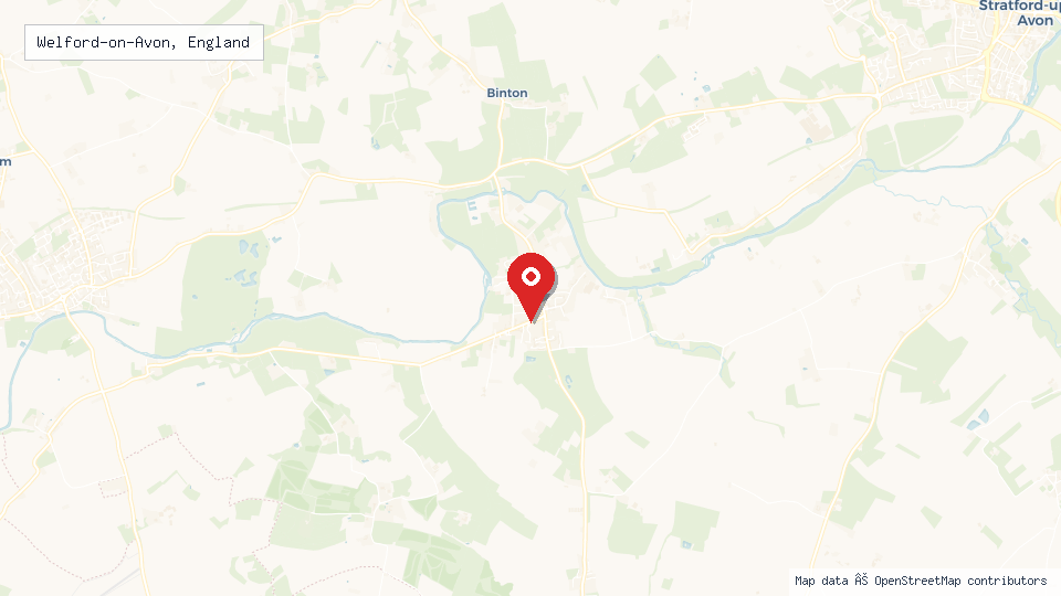 Street map of Welford-on-Avon, England with location pin