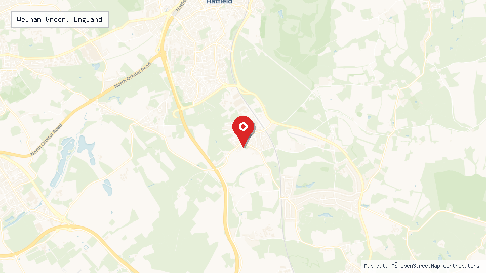 Street map of Welham Green, England with location pin