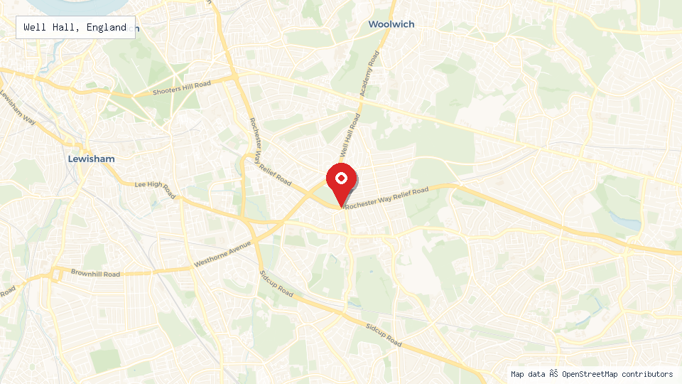 Street map of Well Hall, England with location pin