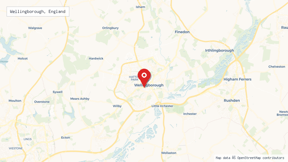 Street map of Wellingborough, England with location pin