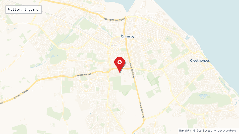 Street map of Wellow, England with location pin