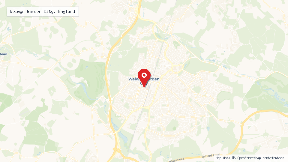 Street map of Welwyn Garden City, England with location pin