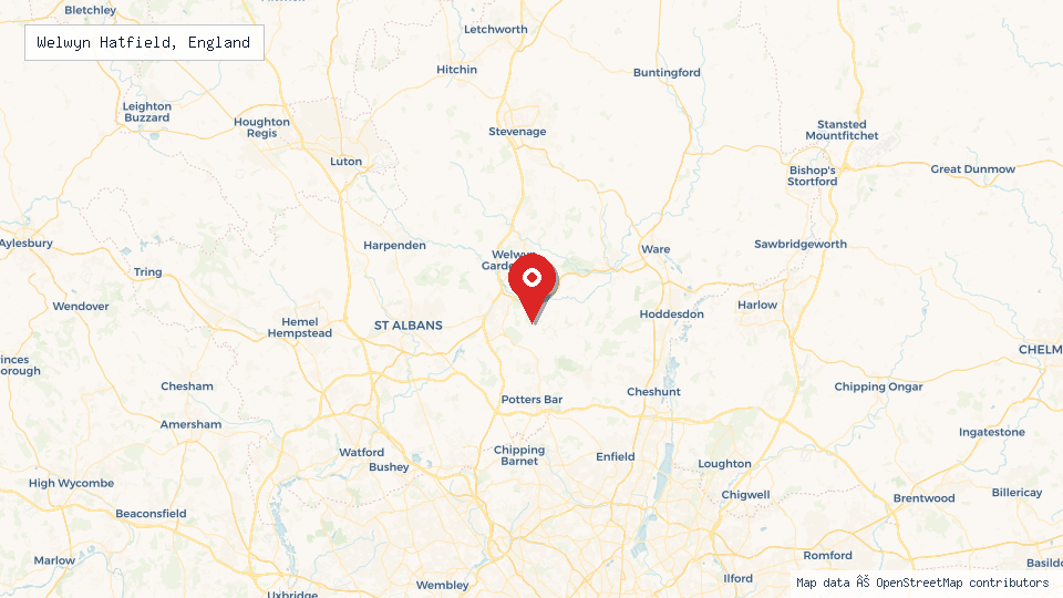 Street map of Welwyn Hatfield, England with location pin