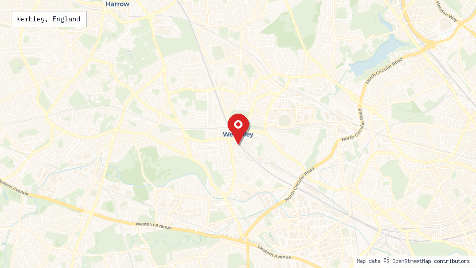 Street map of Wembley, England with location pin