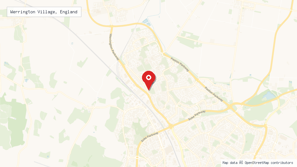 Street map of Werrington Village, England with location pin