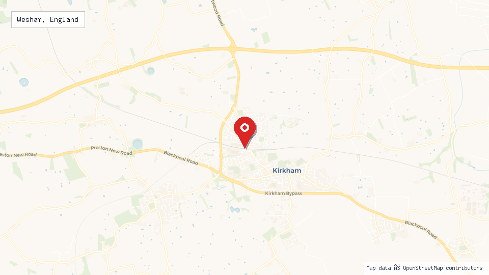 Street map of Wesham, England with location pin