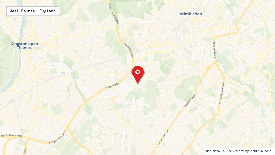 Street map of West Barnes, England with location pin