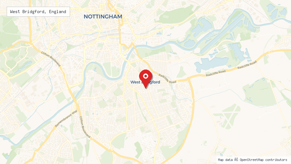 Street map of West Bridgford, England with location pin