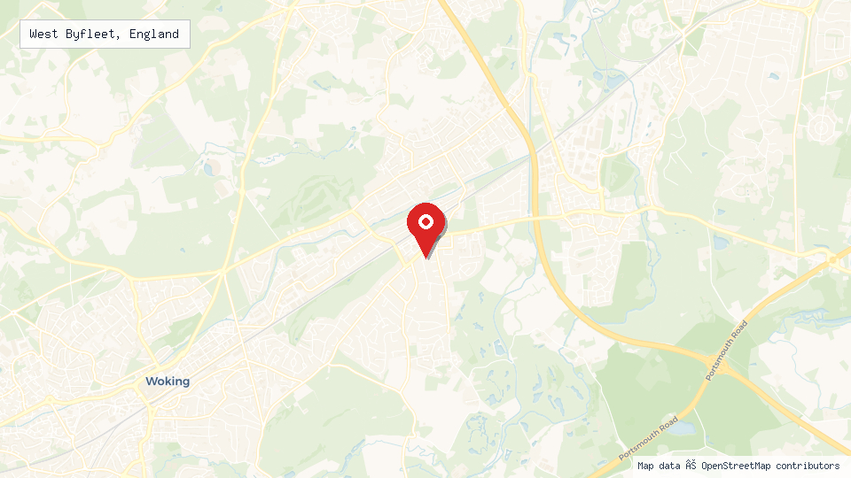 Street map of West Byfleet, England with location pin