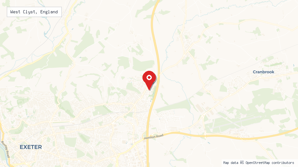 Street map of West Clyst, England with location pin