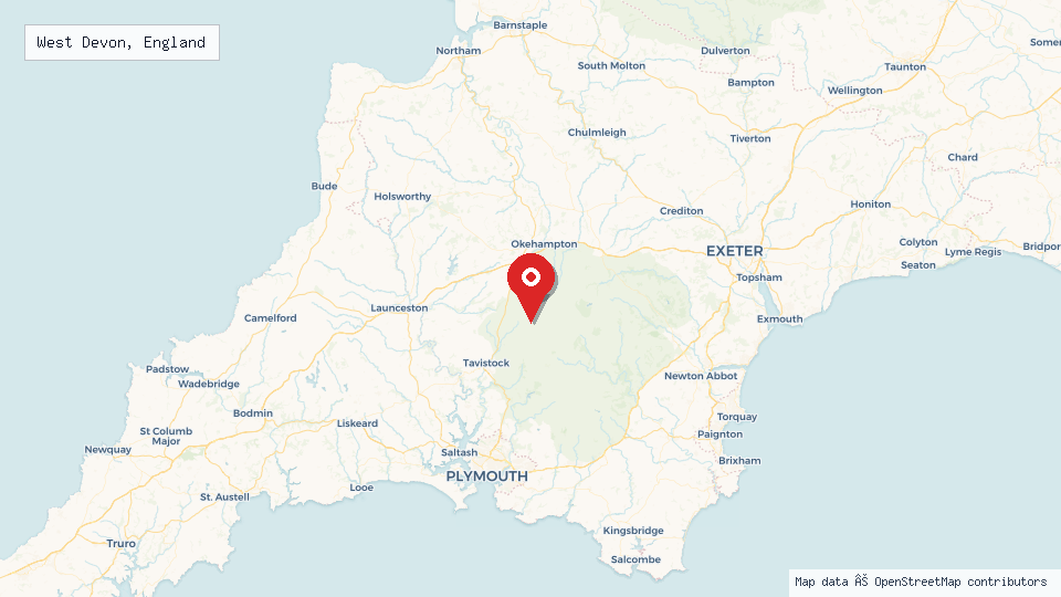 Street map of West Devon, England with location pin