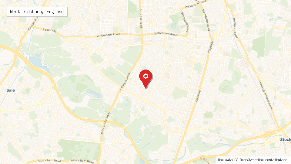Street map of West Didsbury, England with location pin