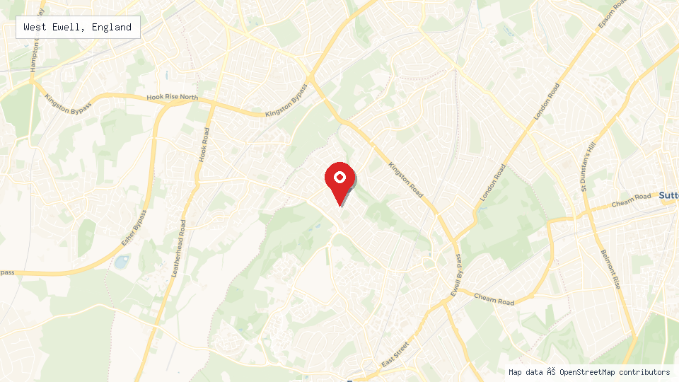 Street map of West Ewell, England with location pin
