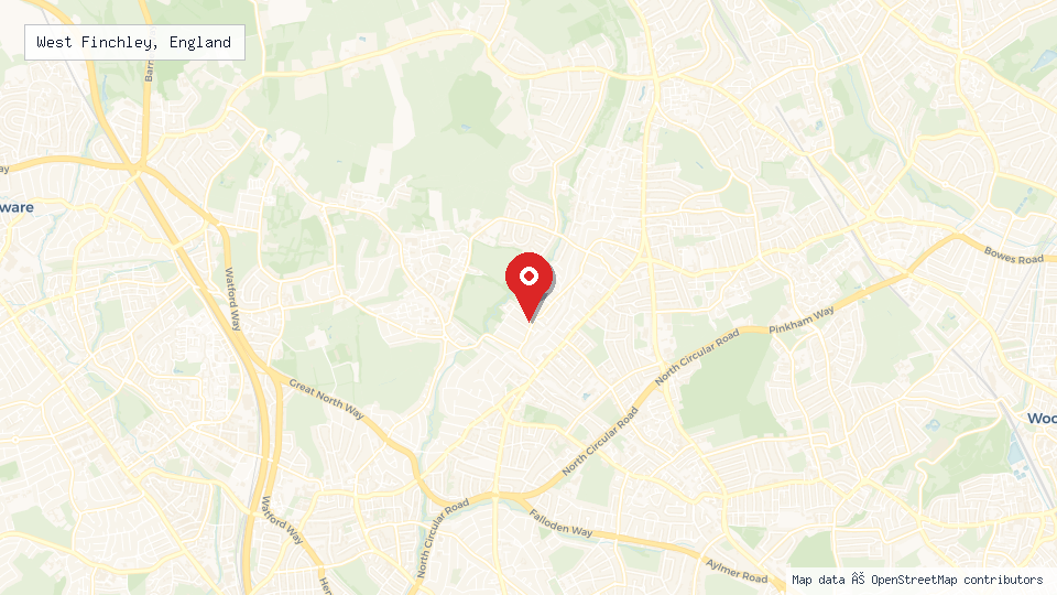 Street map of West Finchley, England with location pin