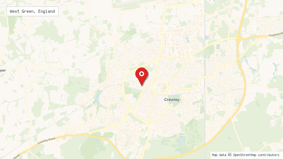 Street map of West Green, England with location pin