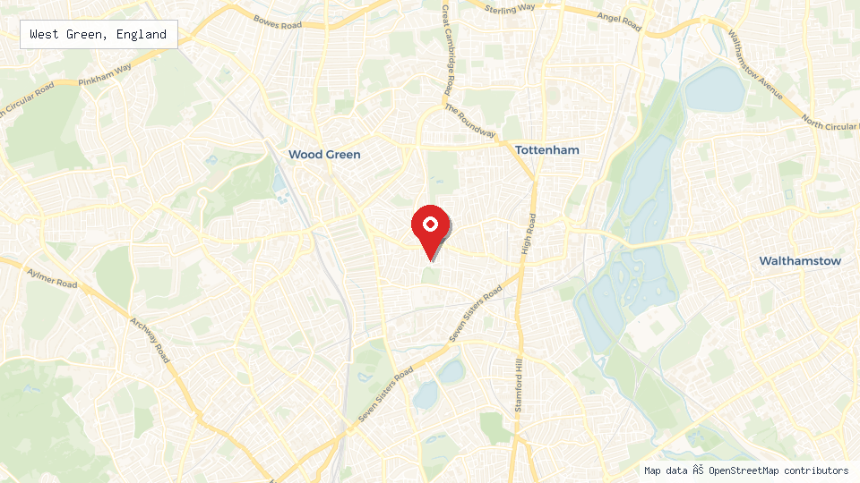 Street map of West Green, England with location pin