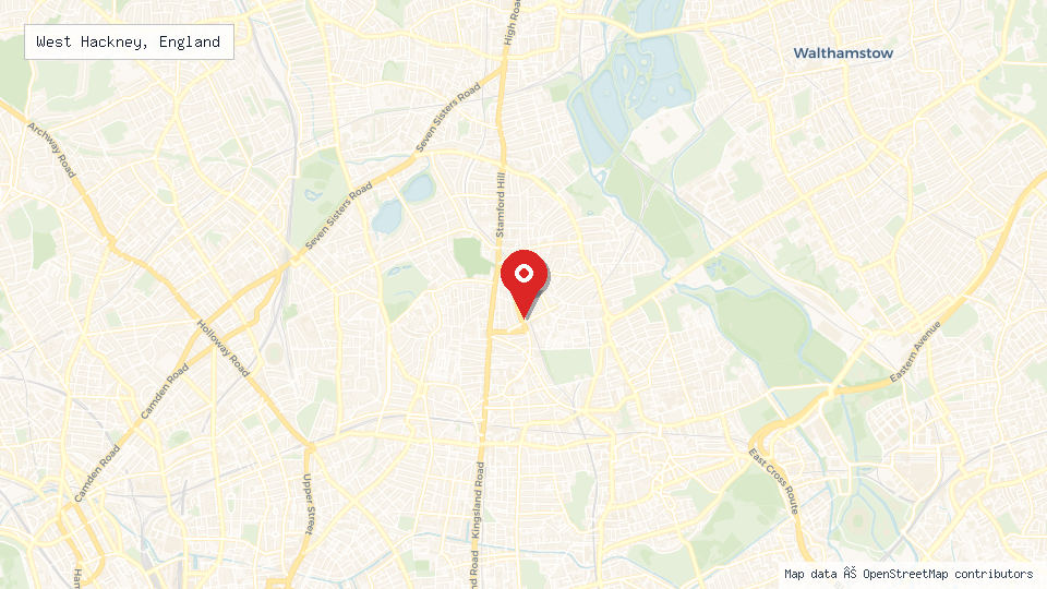 Street map of West Hackney, England with location pin