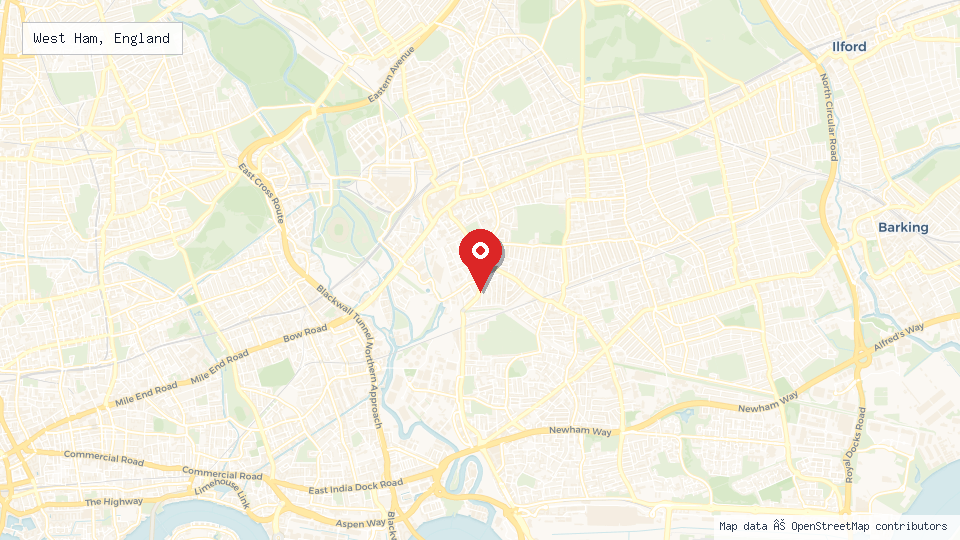 Street map of West Ham, England with location pin