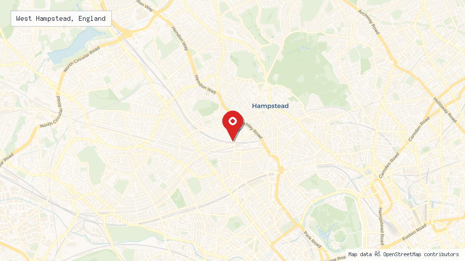 Street map of West Hampstead, England with location pin