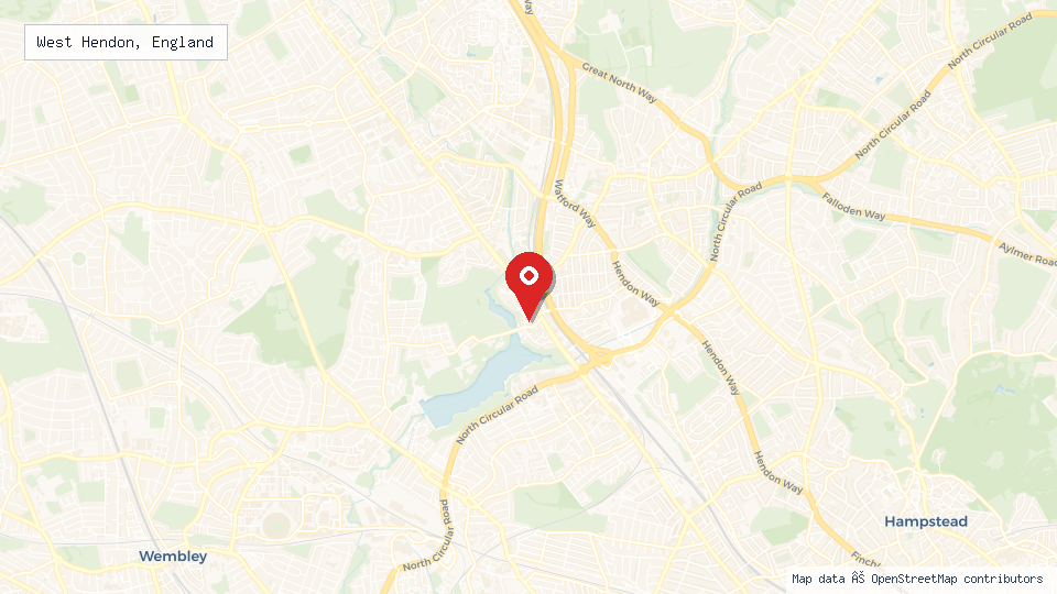 Street map of West Hendon, England with location pin