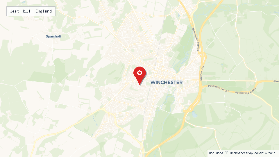 Street map of West Hill, England with location pin