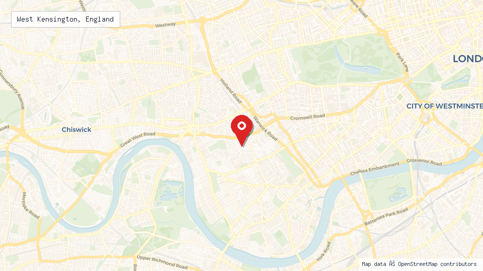 Street map of West Kensington, England with location pin
