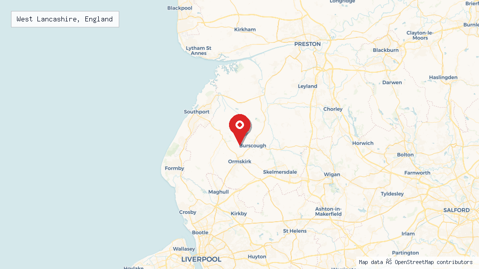 Street map of West Lancashire, England with location pin