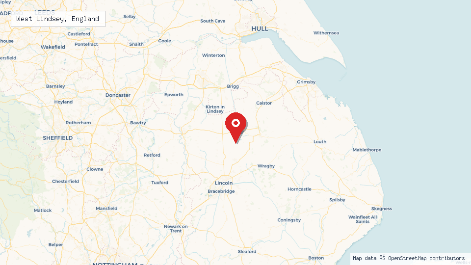 Street map of West Lindsey, England with location pin