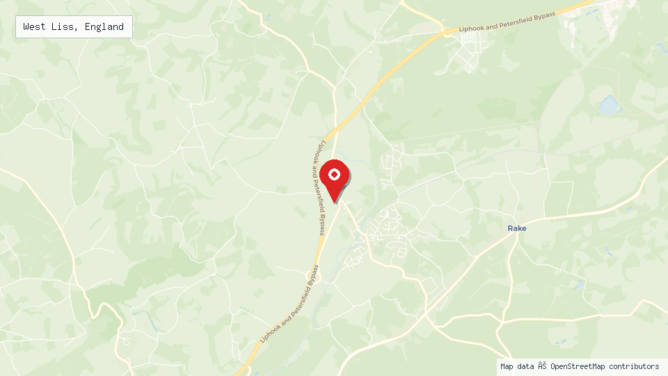 Street map of West Liss, England with location pin