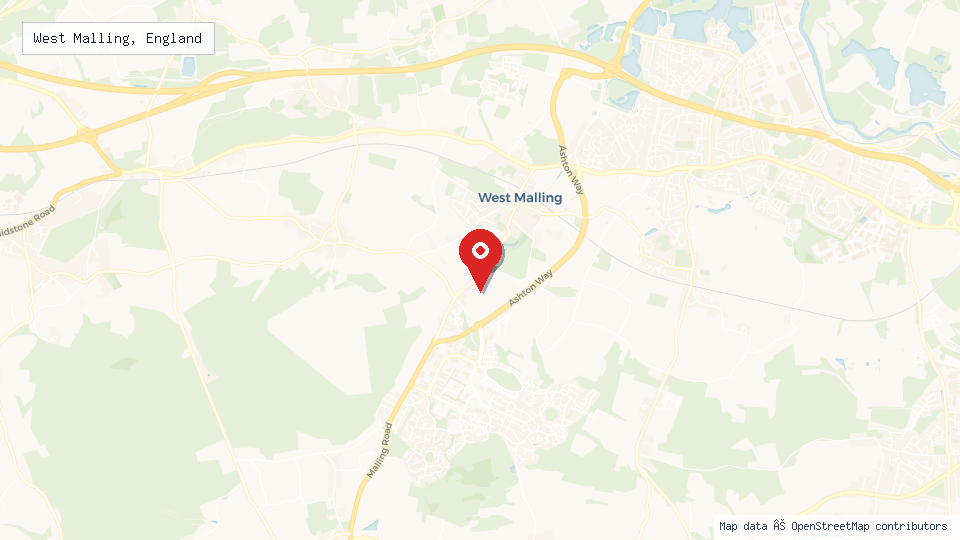 Street map of West Malling, England with location pin