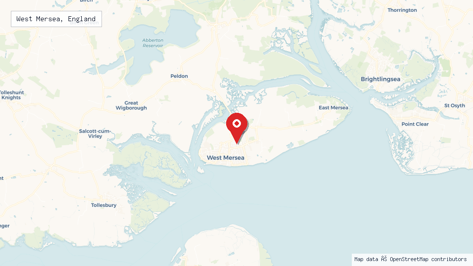 Street map of West Mersea, England with location pin