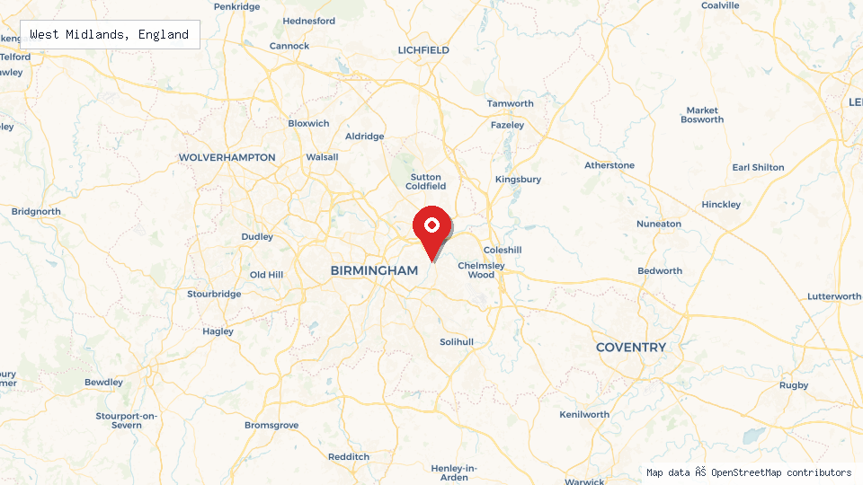 Street map of West Midlands, England with location pin