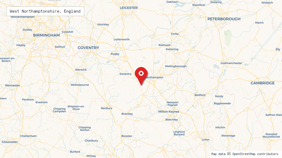 Street map of West Northamptonshire, England with location pin