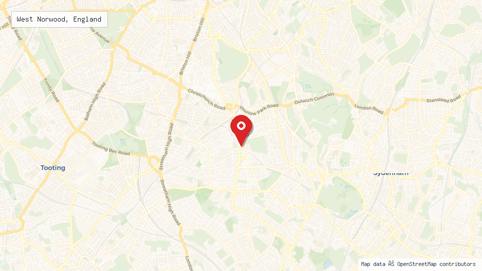 Street map of West Norwood, England with location pin