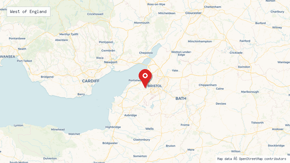 Street map of West of England with location pin