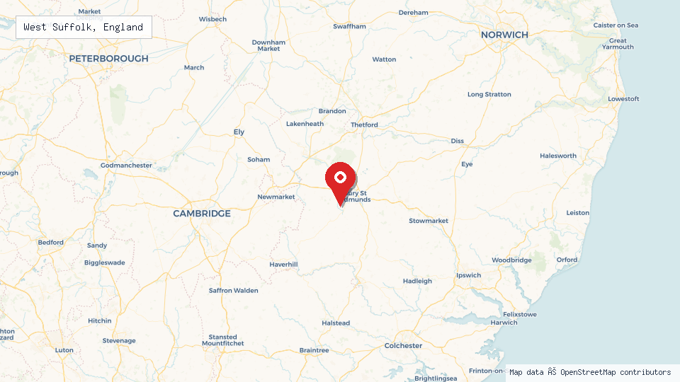Street map of West Suffolk, England with location pin