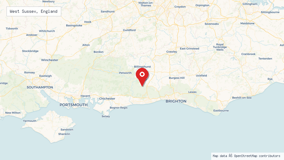 Street map of West Sussex, England with location pin