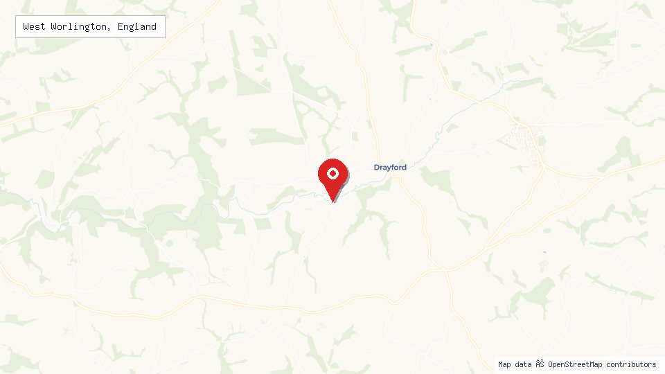 Street map of West Worlington, England with location pin
