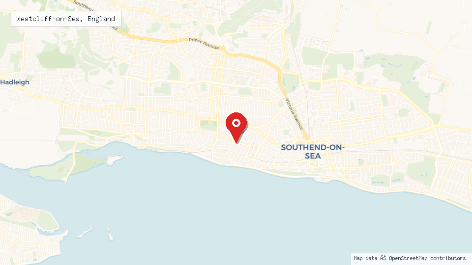 Street map of Westcliff-on-Sea, England with location pin