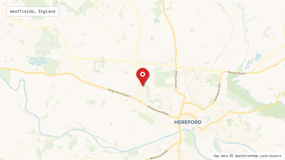 Street map of Westfields, England with location pin