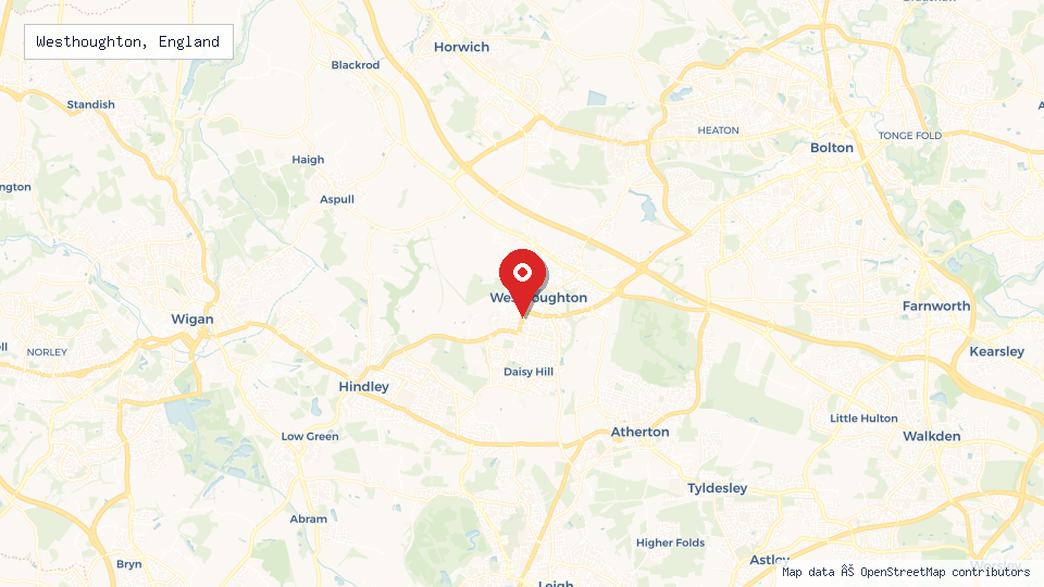 Street map of Westhoughton, England with location pin